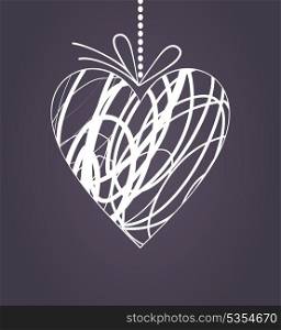 Wedding heart2. White heart on a cord with a bow. A vector illustration