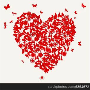 Wedding heart4. Heart from butterflies and a flower of red colour. A vector illustration