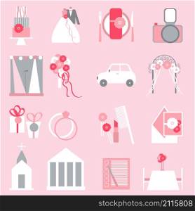 Wedding icons on pink background. Vector illustration.. Wedding icons on pink background.