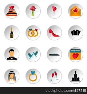 Wedding icons set in flat style. Marriage set collection vector icons set illustration. Wedding icons set, flat style