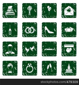 Wedding icons set in grunge style green isolated vector illustration. Wedding icons set grunge
