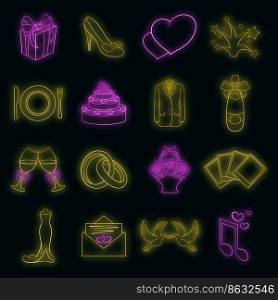 Wedding icons set in neon style. Love and romantic events set collection vector illustration. Wedding icons set vector neon