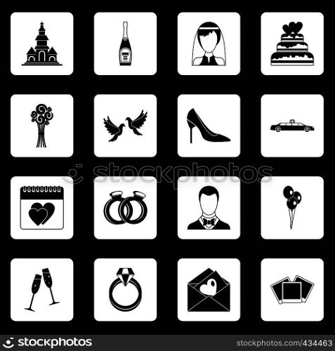 Wedding icons set in white squares on black background simple style vector illustration. Wedding icons set squares vector