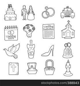 Wedding icons set. Outline cartoon illustration of 16 wedding vector icons for web. Wedding icons set, ouline cartoon style