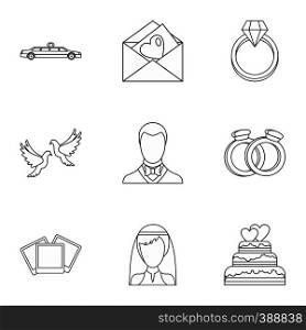 Wedding icons set. Outline illustration of 9 wedding vector icons for web. Wedding icons set, outline style