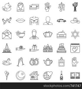 Wedding icons set. Outline style of 36 wedding vector icons for web isolated on white background. Wedding icons set, outline style