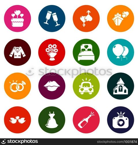 Wedding icons set vector colorful circles isolated on white background . Wedding icons set colorful circles vector