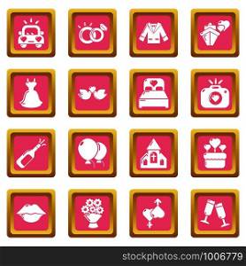 Wedding icons set vector pink square isolated on white background . Wedding icons set pink square vector