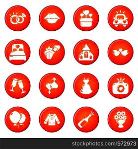 Wedding icons set vector red circle isolated on white background . Wedding icons set red vector
