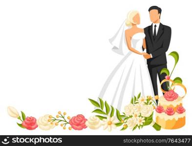 Wedding illustration of bride and groom. Married cute couple.. Wedding illustration of bride and groom.