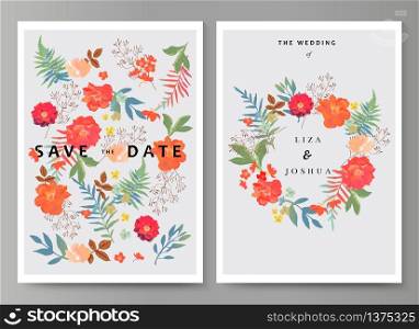Wedding illustration with floral background. Beautiful flowers and leaves. Colorful invitation, cards for designs. Vector. Wedding illustration with floral background. Beautiful flowers a