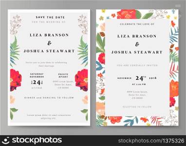 Wedding illustration with floral background. Beautiful flowers and leaves. Colorful invitation, cards for designs. Vector. Wedding illustration with floral background. Beautiful flowers a