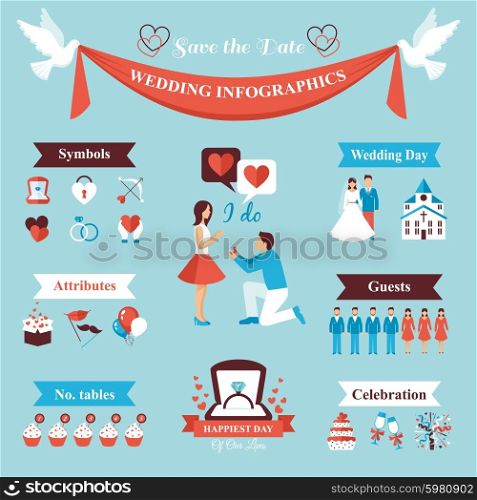 Wedding infographics set with bride and groom symbols vector illustration. Wedding Infographics Set