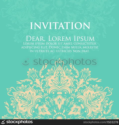 Wedding invitation and announcement card with ornament in Arabian style. Arabesque pattern. Eastern ethnic ornament. Elegant texture for backgrounds. Design template.