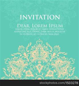 Wedding invitation and announcement card with ornament in Arabian style. Arabesque pattern. Eastern ethnic ornament. Elegant texture for backgrounds. Design template.