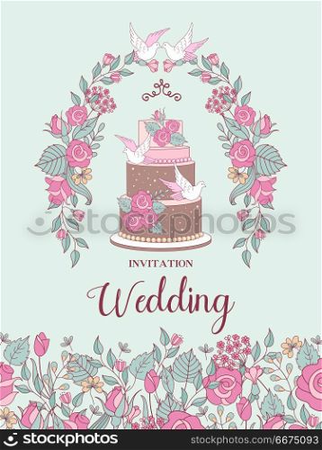 Wedding invitation. Beautiful wedding card with a large multi-ti. Wedding invitation. Happy weddings. Beautiful wedding card with a large multi-tiered wedding cake decorated with flowers and pigeons. Vector illustration with space for text.
