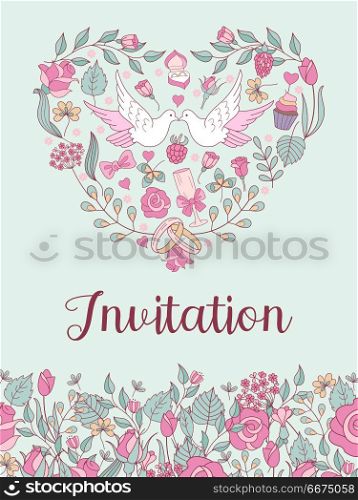 Wedding invitation. Beautiful wedding card with delicate flowers. Wedding invitation. Happy weddings. Beautiful wedding card with wedding flowers, white doves, a glass of champagne. All design elements are assembled in the shape of a heart. Vector illustration with space for text.
