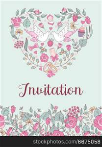 Wedding invitation. Beautiful wedding card with delicate flowers. Wedding invitation. Happy weddings. Beautiful wedding card with wedding flowers, white doves, a glass of champagne. All design elements are assembled in the shape of a heart. Vector illustration with space for text.