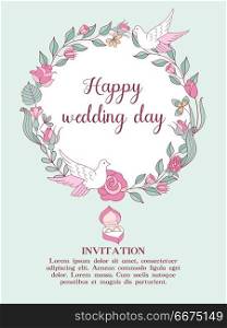 Wedding invitation. Beautiful wedding card with delicate flowers. Wedding invitation. Happy weddings. Beautiful wedding card with a flower wreath and a box with wedding rings. Vector illustration with space for text.