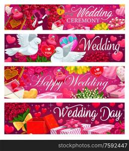 Wedding invitation, bride and groom kiss, diamond rings, heart balloons and flowers bouquets, vector banners. Marriage ceremony party gifts, kissing doves and wedding cakes with floral hearts. Happy wedding day, marriage ceremony invitation
