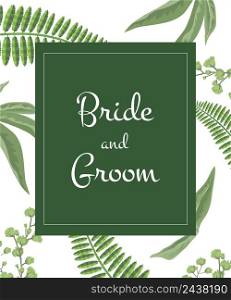 Wedding invitation Bride and groom lettering in green frame on greenery pattern. Party, event, celebration. Handwritten text, calligraphy. Can be used for wedding card, flyer, brochure