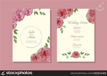 Wedding invitation card background with pink flower and leaves. Watercolor. Art background vector design for wedding and vip cover template.. Wedding invitation card background with pink flower and leaves. Watercolor.