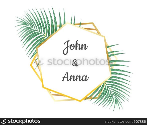 Wedding invitation card design and geometric golden frame decorative with tropical leaves - Vector illustration