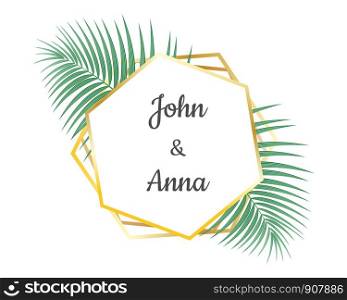Wedding invitation card design and geometric golden frame decorative with tropical leaves - Vector illustration