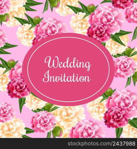 Wedding invitation card design with magenta oval and peonies on pink background. Text in oval frame can be used for invitations, postcards, save the date templates