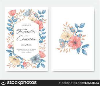 Wedding Invitation Card. Gentle vintage set of floral greeting card with hand drawn in pastel colors garden flowers. Design template for wedding, greeting, save the date, thank you, birthday and seasonal card.
