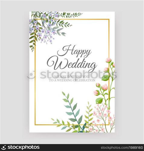 Wedding invitation card. Marriage ceremony postcard design mockup. Square golden frame and cute summer flowers. Calligraphic congratulation lettering. Vector bridal party banner with floral decoration. Wedding invitation card. Marriage ceremony postcard design. Square golden frame and summer flowers. Calligraphic congratulation lettering. Vector bridal party banner with floral decoration