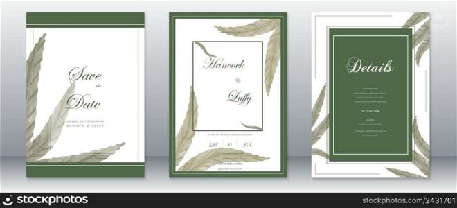 Wedding invitation card natural design template with frame and green leaf
