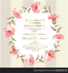 Wedding invitation card of color flowers. Vector illustration.