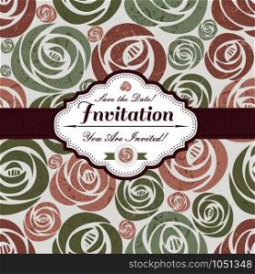 Wedding invitation card of vintage roses and frame.. Wedding invitation card on floral pattern background