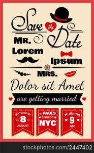 Wedding invitation card or infographics elements in hipster style with hat bow and mustache vector illustration