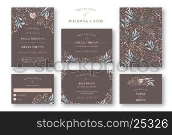 Wedding invitation card set. Invitation, Save the date, PSVP, Reception, Thank you card template with floral background. Isolated on white backdrop.