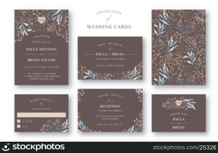 Wedding invitation card set. Invitation, Save the date, PSVP, Reception, Thank you card template with floral background. Isolated on white backdrop.