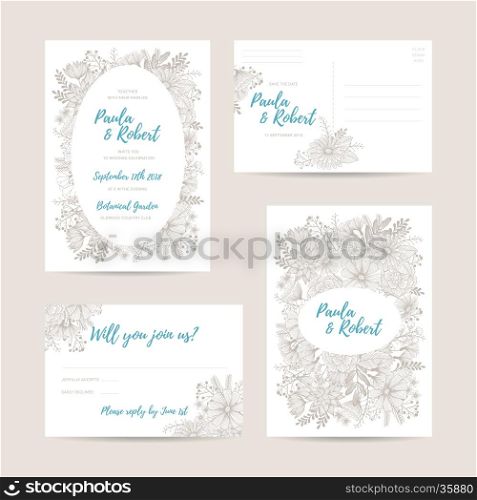Wedding invitation card set. Invitation, Save the date, RSVP, Reception, Thank you card template with floral background. Isolated on white backdrop