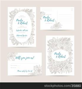 Wedding invitation card set. Invitation, Save the date, RSVP, Reception, Thank you card template with floral background. Isolated on white backdrop