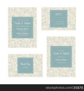 Wedding invitation card set. Vector Invitation, Save the date, RSVP, Reception, Thank you card template with floral background. Isolated on white backdrop