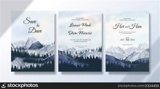 Wedding invitation card set, Watercolor landscape paintings travelling with mountain range pine in winter and mountain in sky background, Painting abstract landscape sky cloud background.