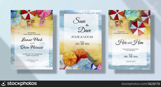 Wedding invitation card set with watercolor umbrella seascape paintings. Happy wedding in summer season, Painting umbrella and seascape ocean background. Save the date, invitation, greeting card.