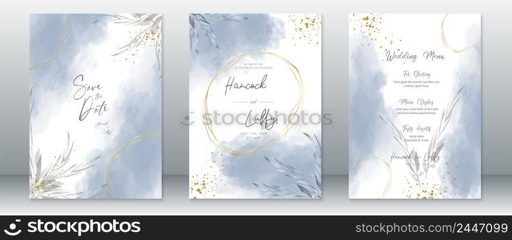 Wedding invitation card template blue watercolor background elegant with leaf branch and gold texture