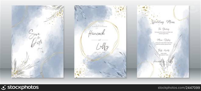 Wedding invitation card template blue watercolor background elegant with leaf branch and gold texture
