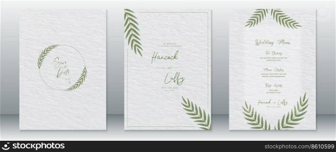 Wedding invitation card template design with watercolor background and nature green leaf