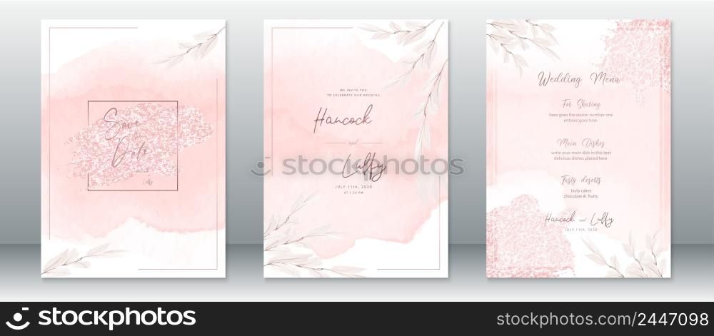 Wedding invitation card template elegant of pink watercolor background and leaf branch