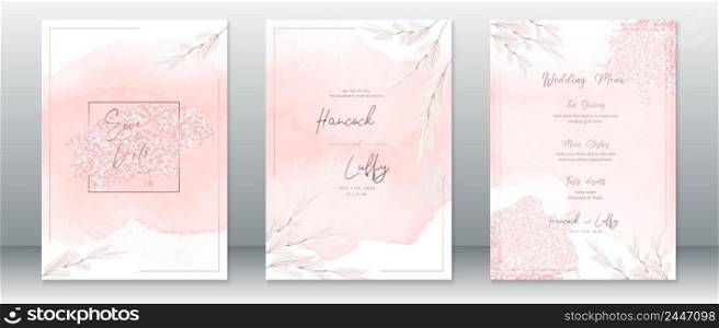 Wedding invitation card template elegant of pink watercolor background and leaf branch