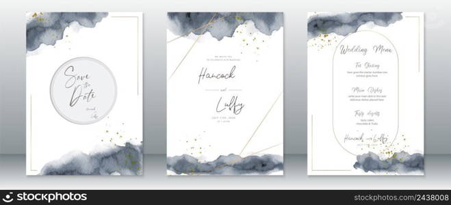 Wedding invitation card template elegant with blue watercolor texture and golden frame