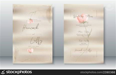 Wedding invitation card template floral design with brown paper texture and gold frame
