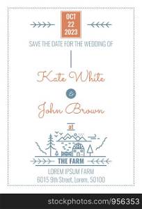 Wedding Invitation Card Template in minimal countryside farm house illustration